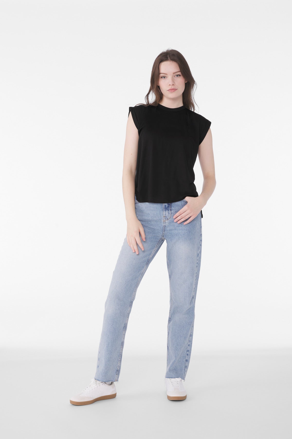 BELLA+CANVAS Women's Flowy Muscle Tee with Rolled Cuffs - Black - front