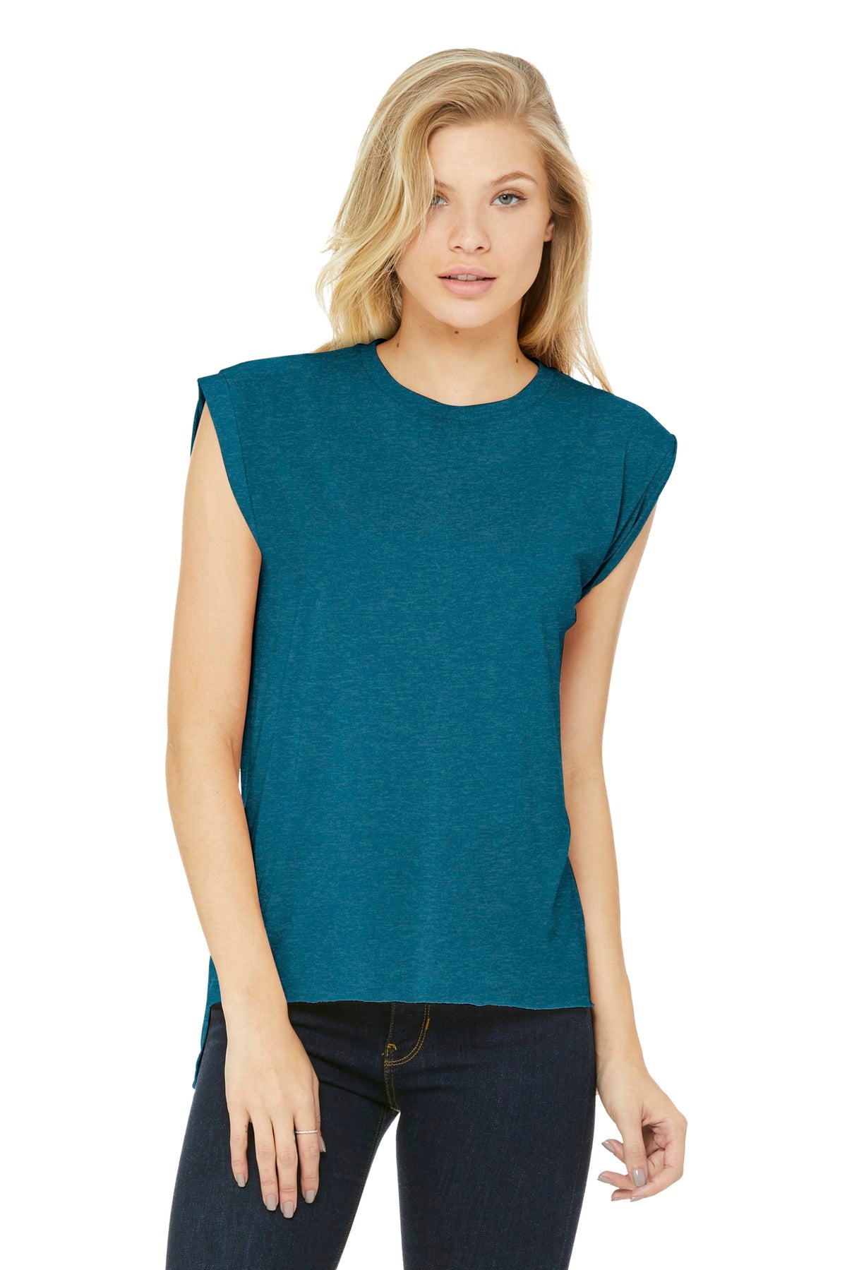 BELLA+CANVAS Women's Flowy Muscle Tee with Rolled Cuffs - Heather Deep Teal - front