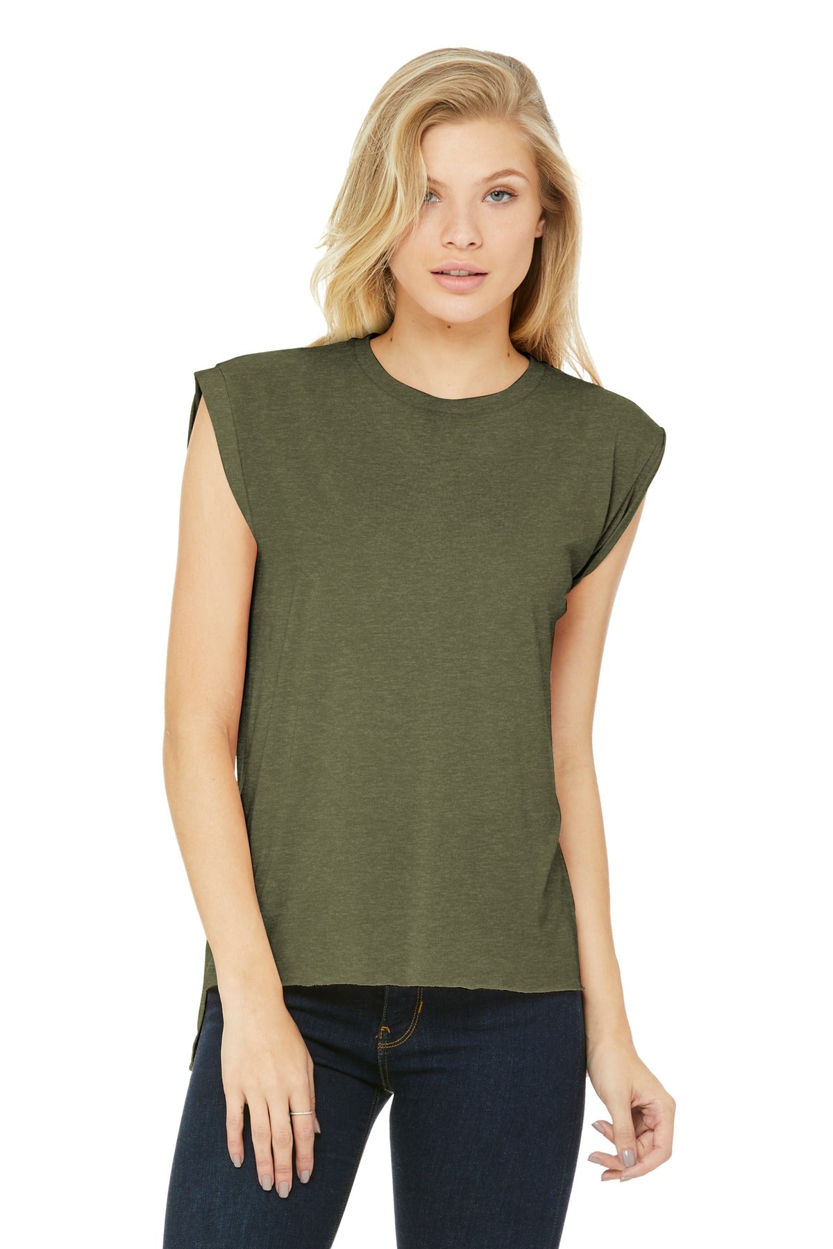 BELLA+CANVAS Women's Flowy Muscle Tee with Rolled Cuffs - Heather Olive - front