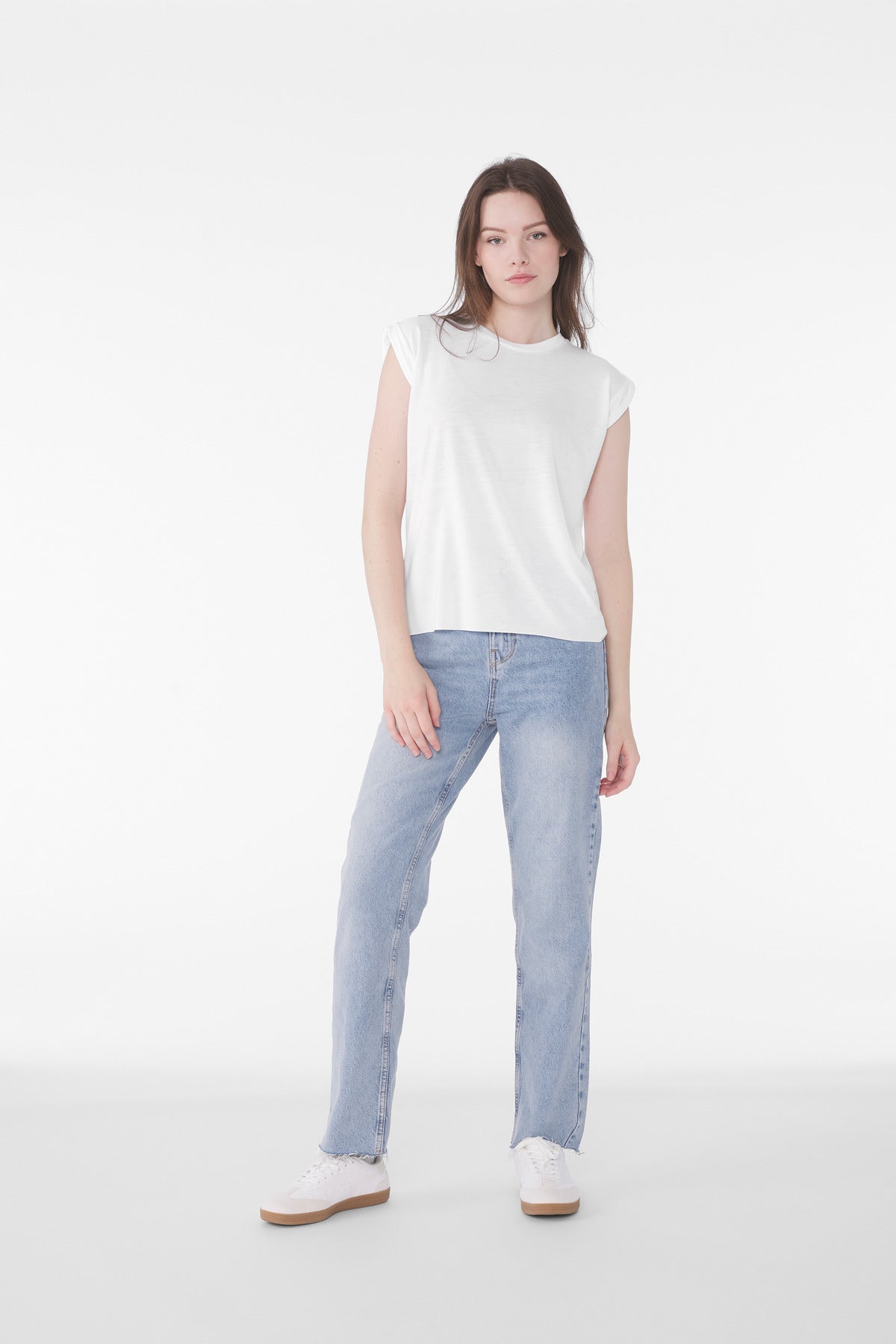 BELLA+CANVAS Women's Flowy Muscle Tee with Rolled Cuffs - White - front