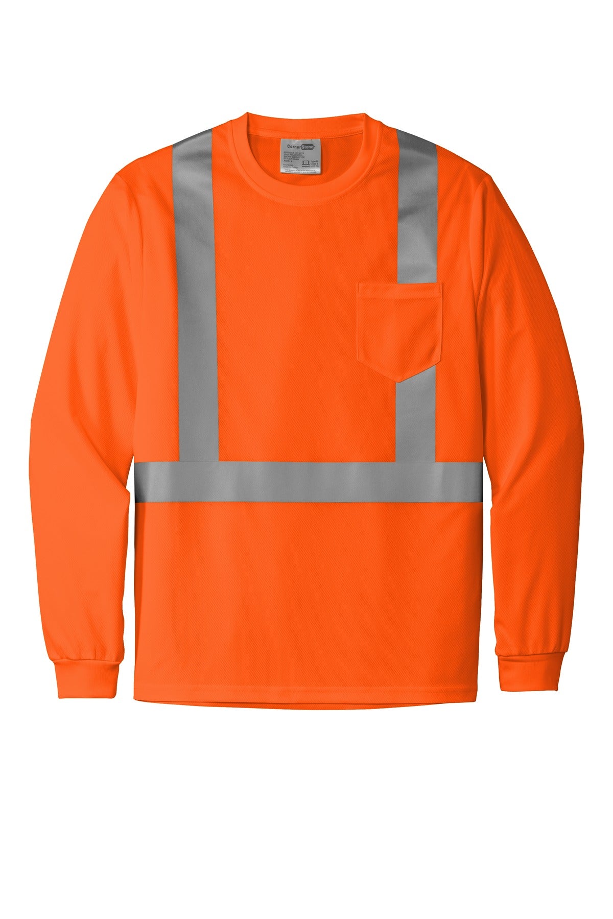 CornerStone ANSI 107 Class 2 Mesh Long Sleeve Tee - Safety Orange - flat front