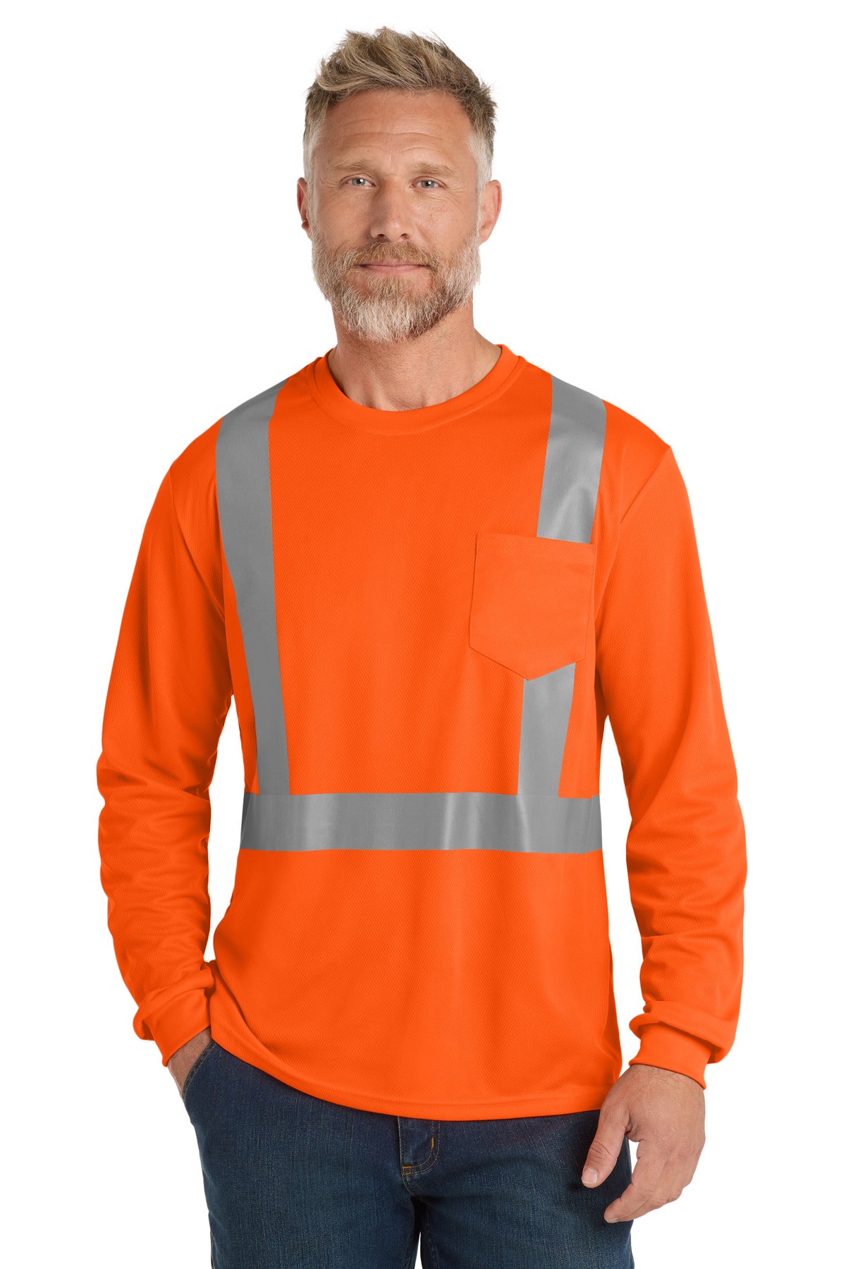 CornerStone ANSI 107 Class 2 Mesh Long Sleeve Tee - Safety Orange - front