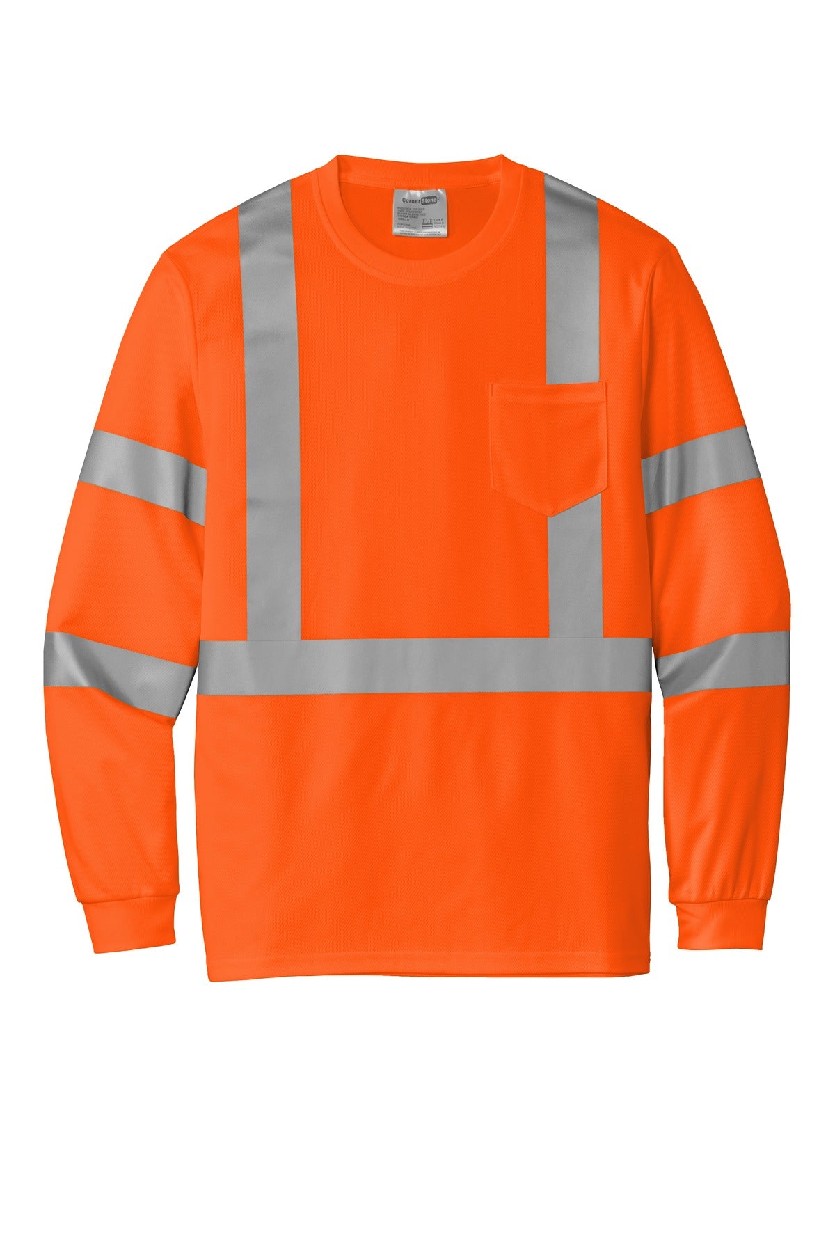 CornerStone ANSI 107 Class 3 Mesh Long Sleeve Tee - Safety Orange - flat front