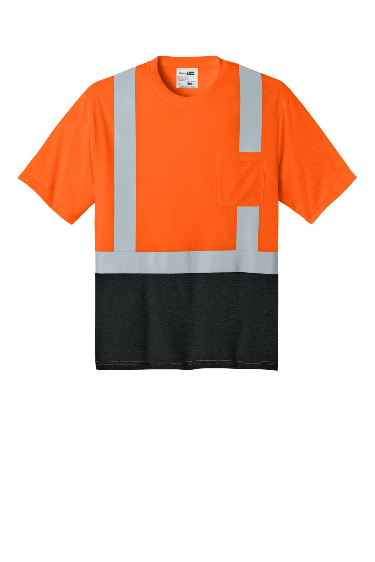 CornerStone ANSI 107 Class 2 Short Sleeve Mesh Blocked Tee - Safety Orange/ Black - flat front