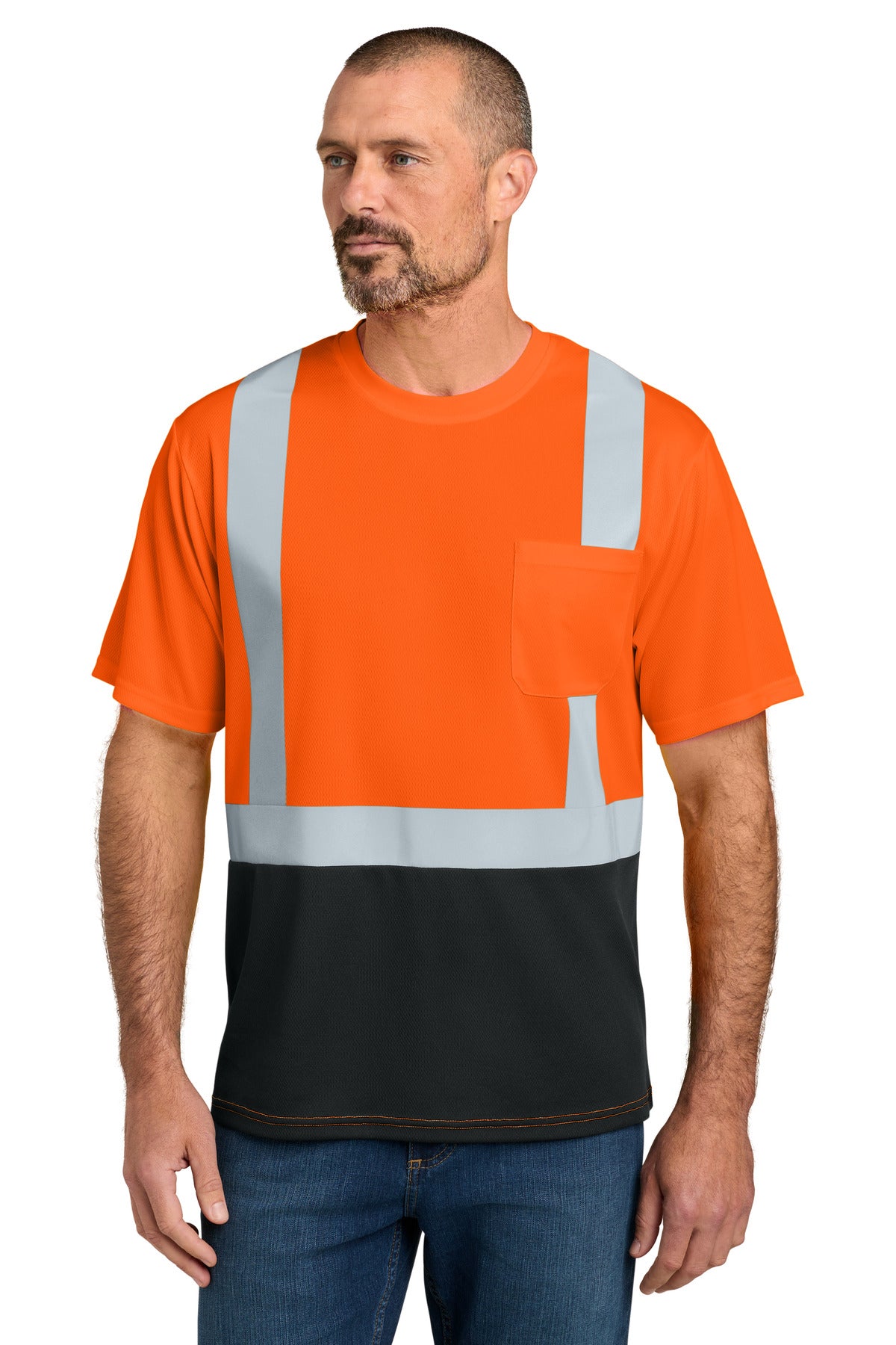 CornerStone ANSI 107 Class 2 Short Sleeve Mesh Blocked Tee - Safety Orange/ Black - front