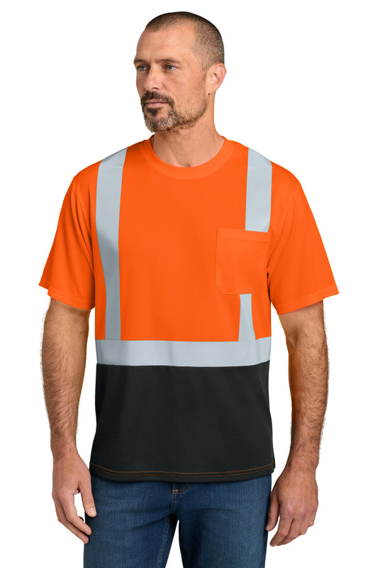 CornerStone ANSI 107 Class 2 Short Sleeve Mesh Blocked Tee - Safety Orange/ Black - front