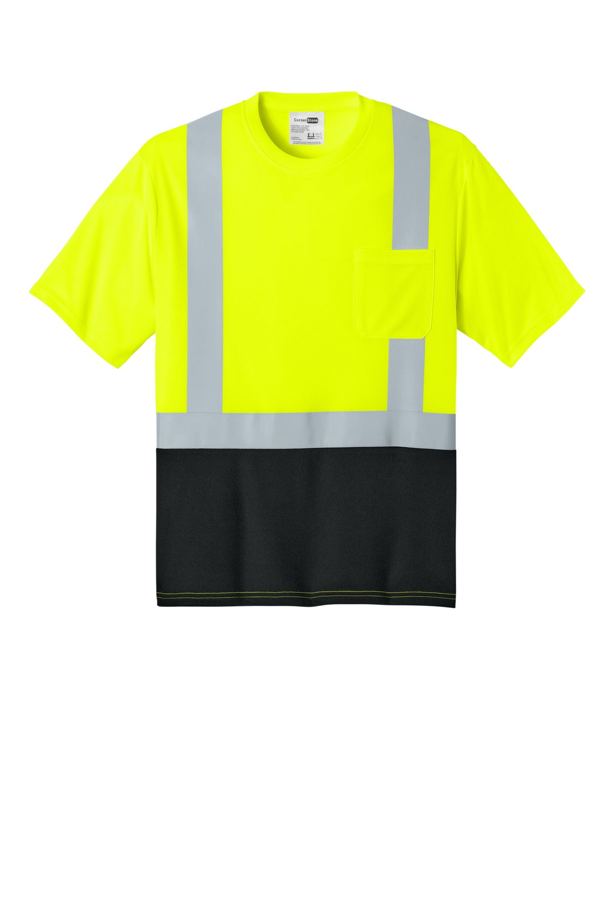 CornerStone ANSI 107 Class 2 Short Sleeve Mesh Blocked Tee - Safety Yellow/ Black - flat front
