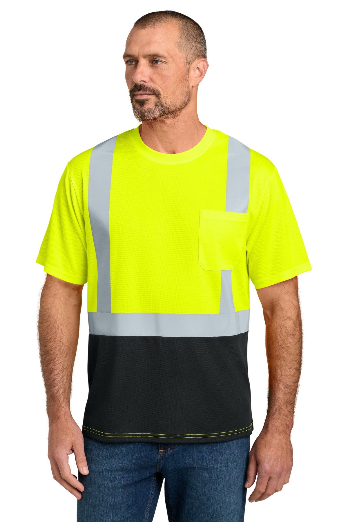 CornerStone ANSI 107 Class 2 Short Sleeve Mesh Blocked Tee - Safety Yellow/ Black - front