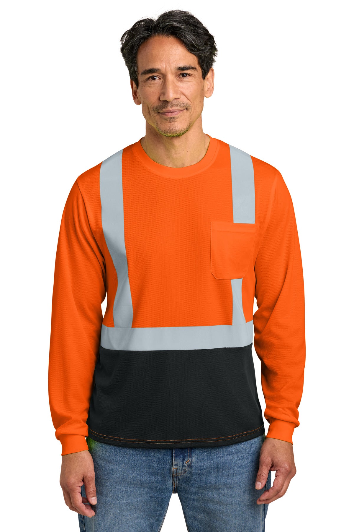 CornerStone ANSI 107 Class 2 Long Sleeve Mesh Blocked Tee - Safety Orange/ Black - front