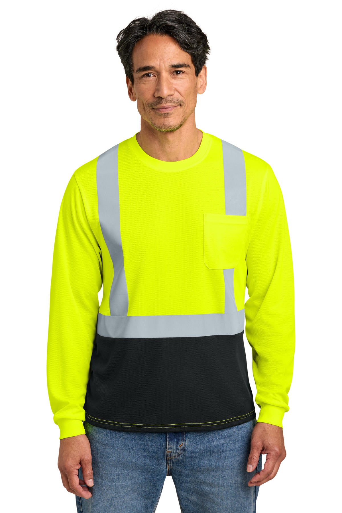 CornerStone ANSI 107 Class 2 Long Sleeve Mesh Blocked Tee - Safety Yellow/ Black - front