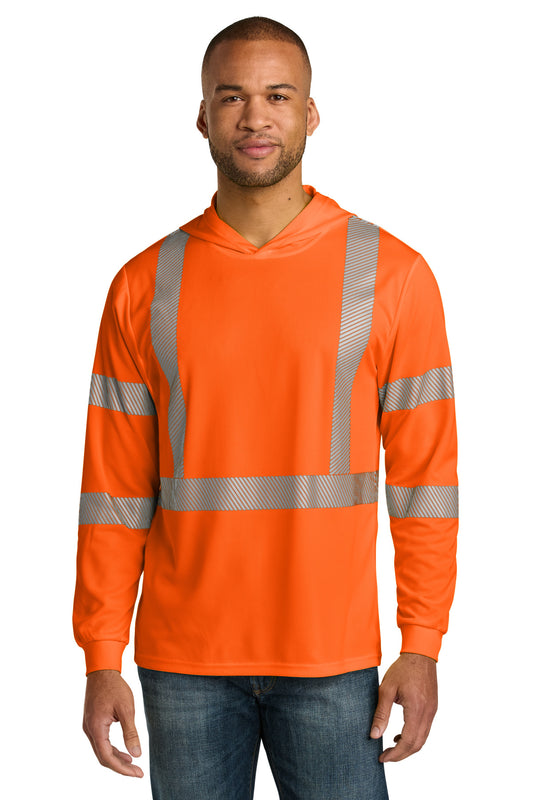CornerStone ANSI 107 Class 3 Long Sleeve Segmented Tape Hooded Tee - Safety Orange - front
