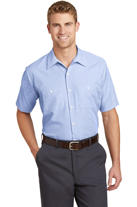 Red Kap Short Sleeve Striped Industrial Work Shirt - White/ Blue - front
