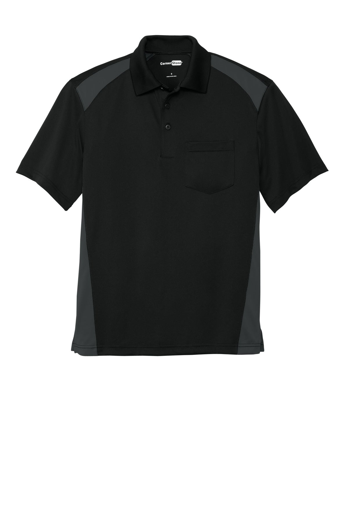 CornerStone Select Snag-Proof Two Way Colorblock Pocket Polo - Black/ Charcoal - flat front