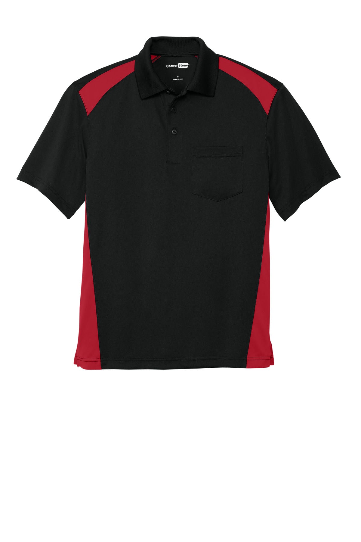 CornerStone Select Snag-Proof Two Way Colorblock Pocket Polo - Black/ Red - flat front