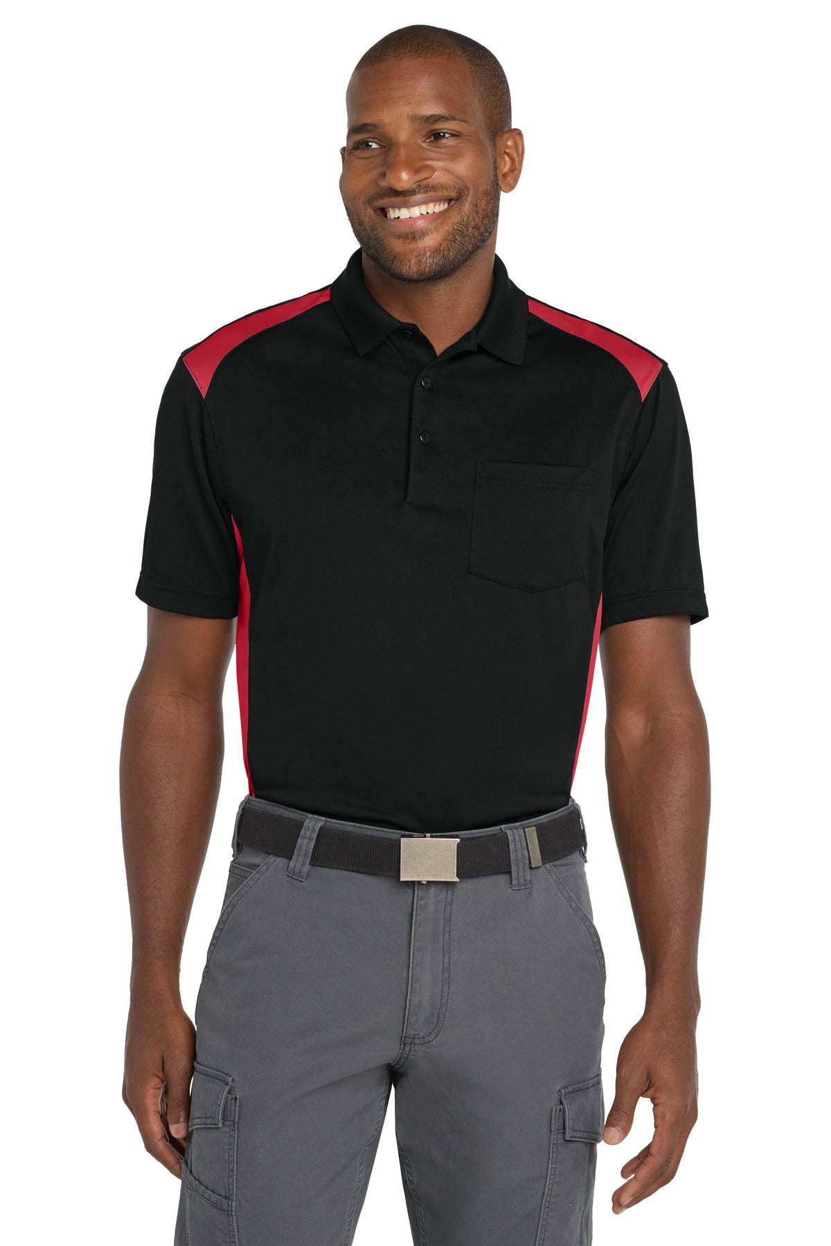 CornerStone Select Snag-Proof Two Way Colorblock Pocket Polo - Black/ Red - front