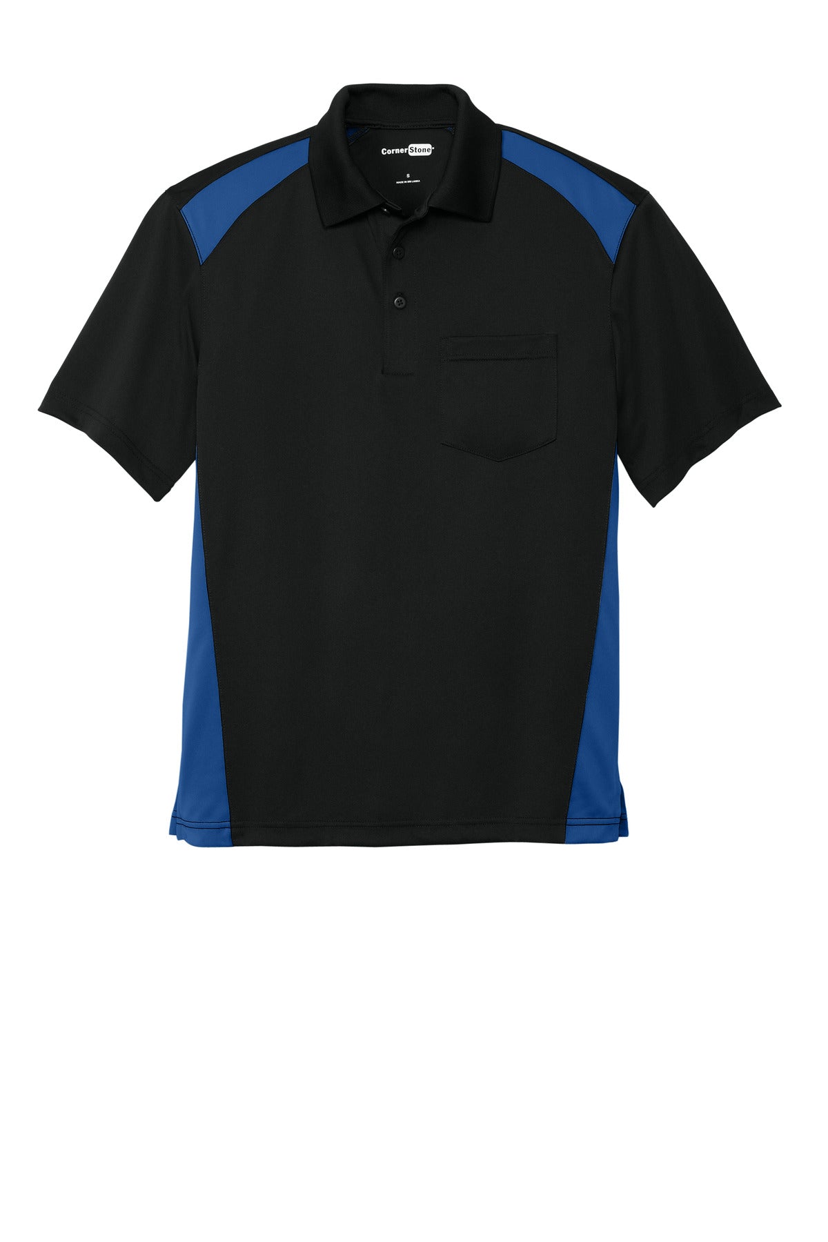 CornerStone Select Snag-Proof Two Way Colorblock Pocket Polo - Black/ Royal - flat front