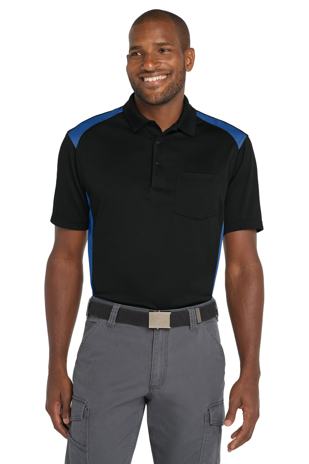 CornerStone Select Snag-Proof Two Way Colorblock Pocket Polo - Black/ Royal - front
