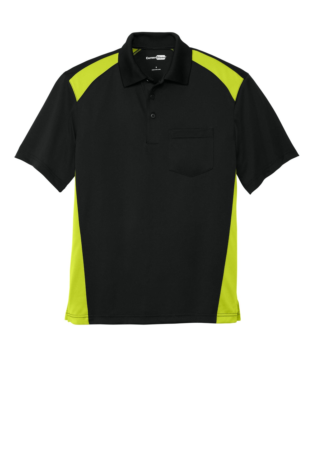 CornerStone Select Snag-Proof Two Way Colorblock Pocket Polo - Black/ Shock Green - flat front