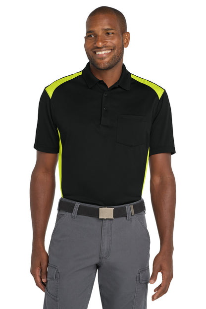 CornerStone Select Snag-Proof Two Way Colorblock Pocket Polo - Black/ Shock Green - front