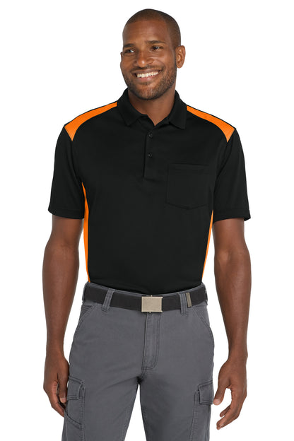 CornerStone Select Snag-Proof Two Way Colorblock Pocket Polo - Black/ Shock Orange - front