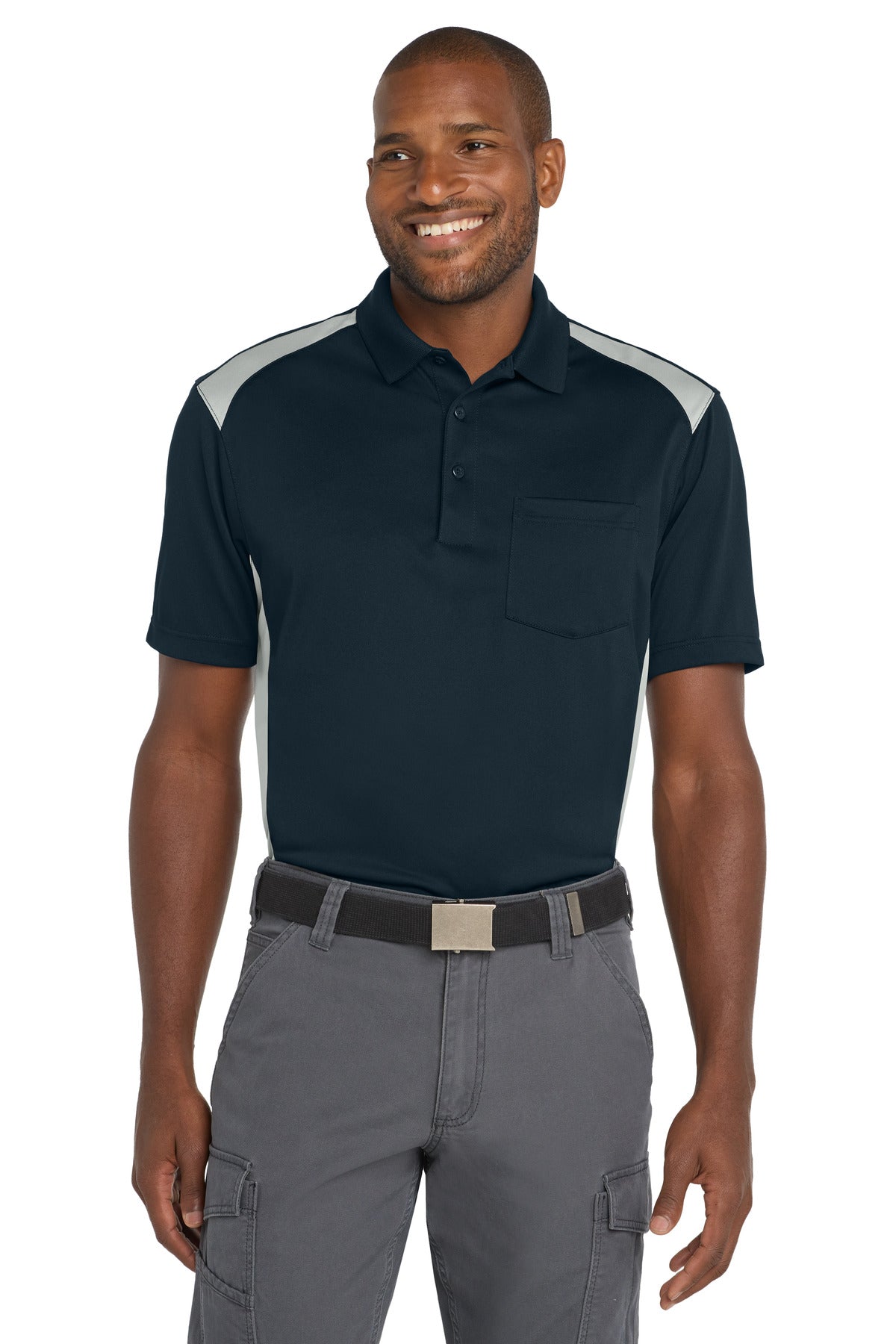 CornerStone Select Snag-Proof Two Way Colorblock Pocket Polo - Dark Navy/ Light Grey - front