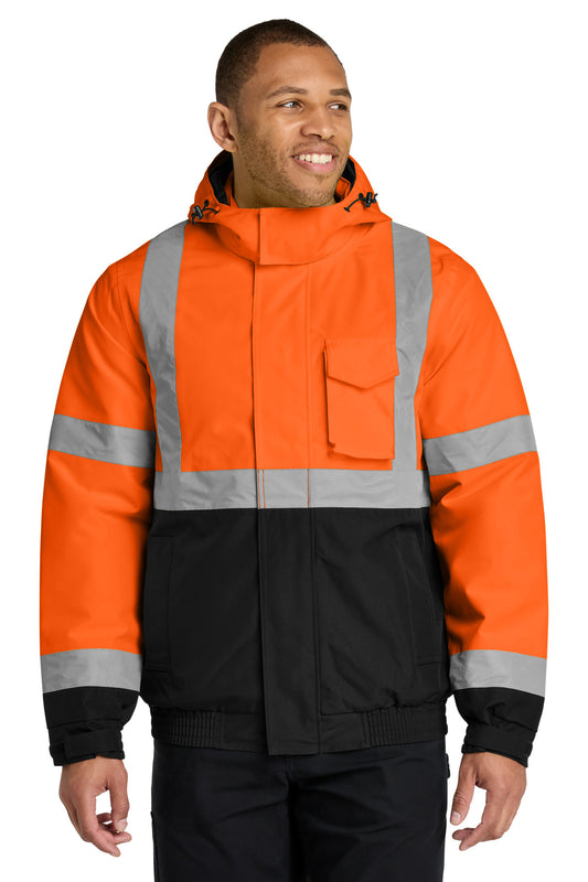 CornerStone ANSI 107 Class 3 Economy Waterproof Insulated Bomber Jacket - Safety Orange - front
