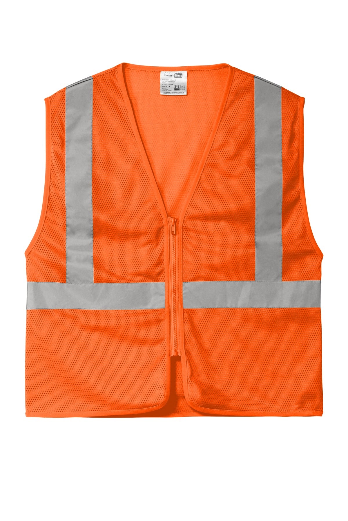 CornerStone ANSI 107 Class 2 Economy Mesh Zippered Vest - Safety Orange - flat front