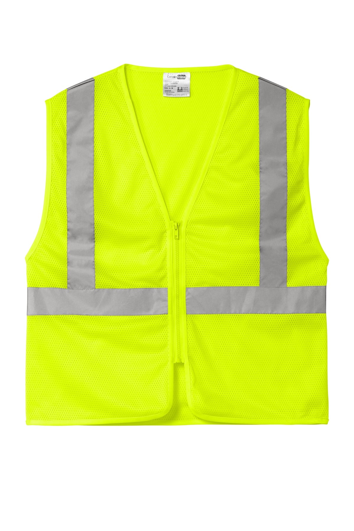 CornerStone ANSI 107 Class 2 Economy Mesh Zippered Vest - Safety Yellow - flat front