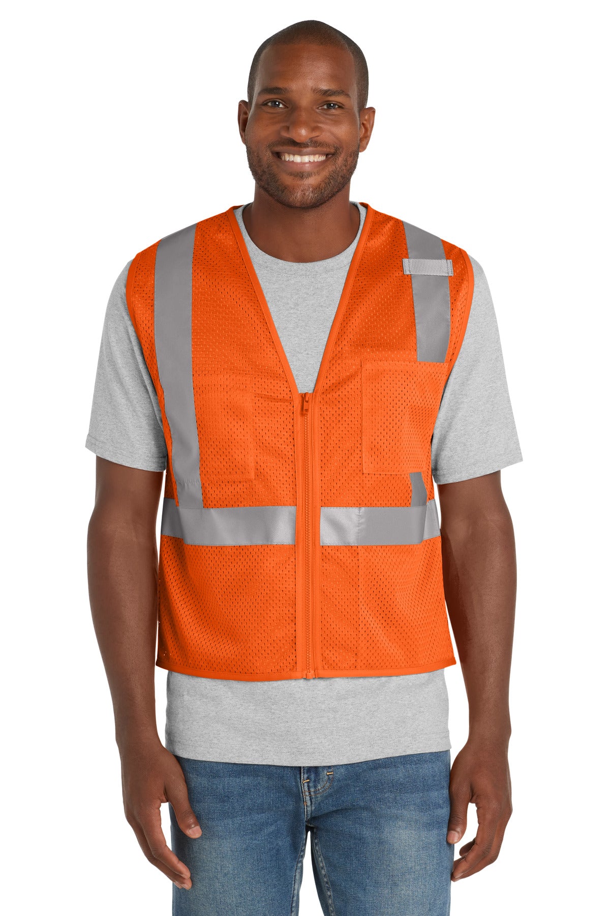 CornerStone ANSI 107 Class 2 Mesh Zippered Vest - Safety Orange - front