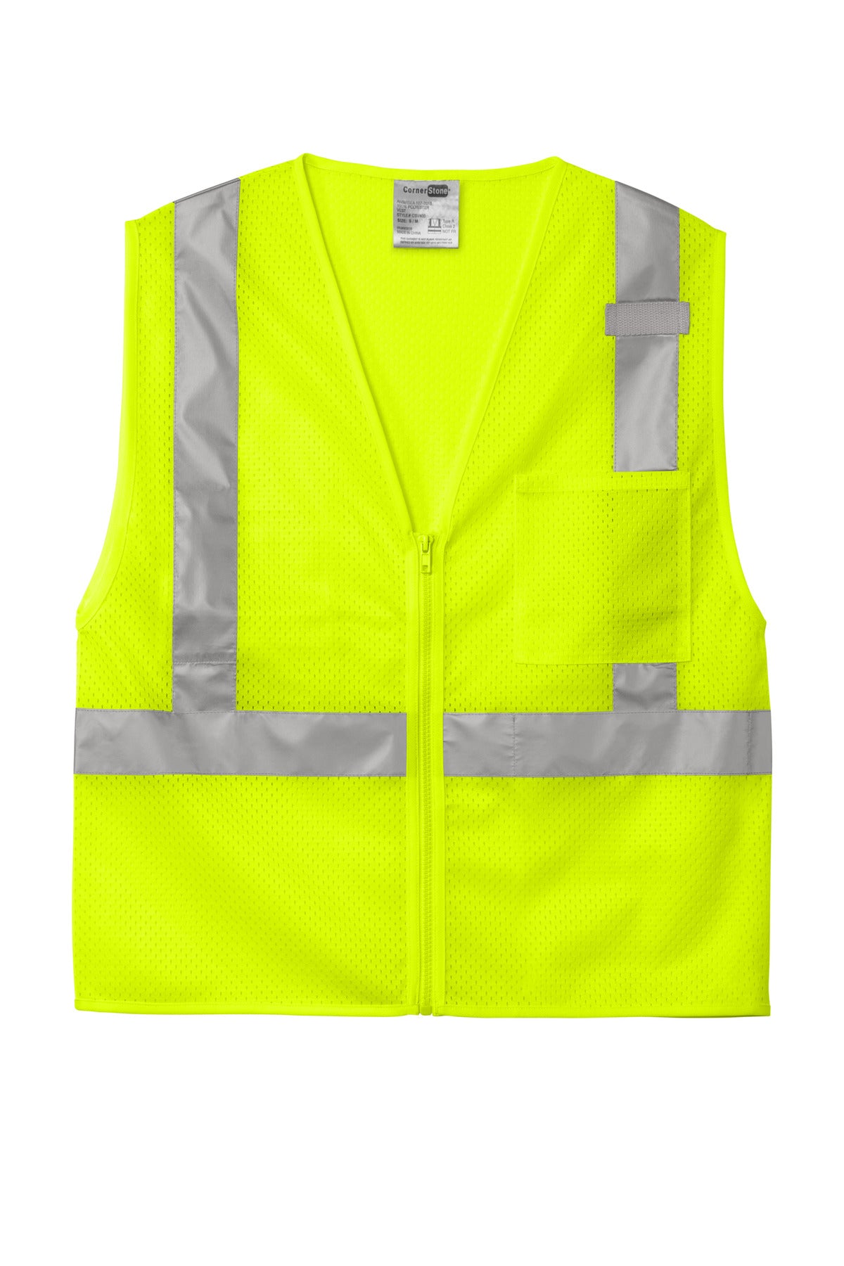 CornerStone ANSI 107 Class 2 Mesh Zippered Vest - Safety Yellow - flat front