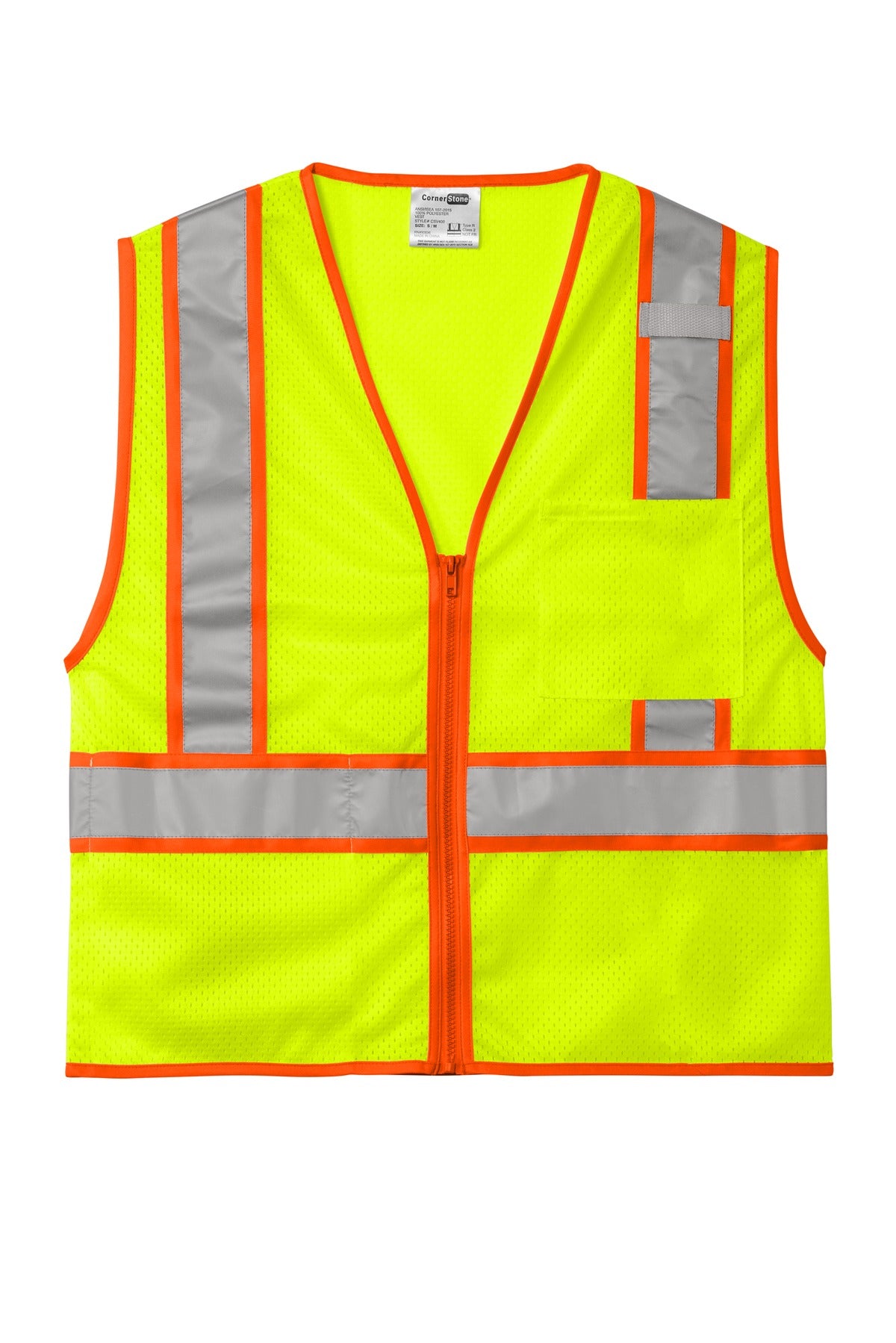 CornerStone ANSI 107 Class 2 Mesh Zippered Two-Tone Vest - Safety Yellow - flat front