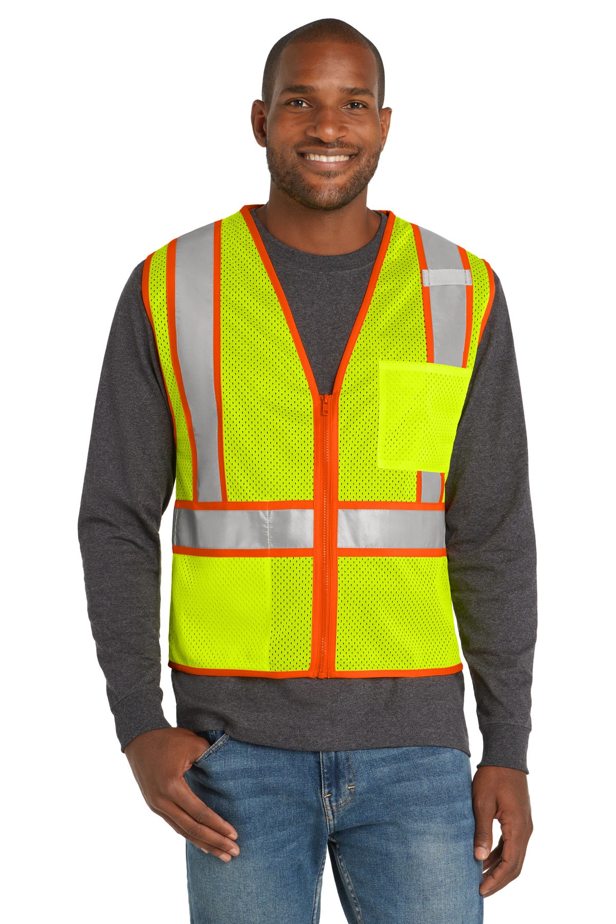 CornerStone ANSI 107 Class 2 Mesh Zippered Two-Tone Vest - Safety Yellow - front