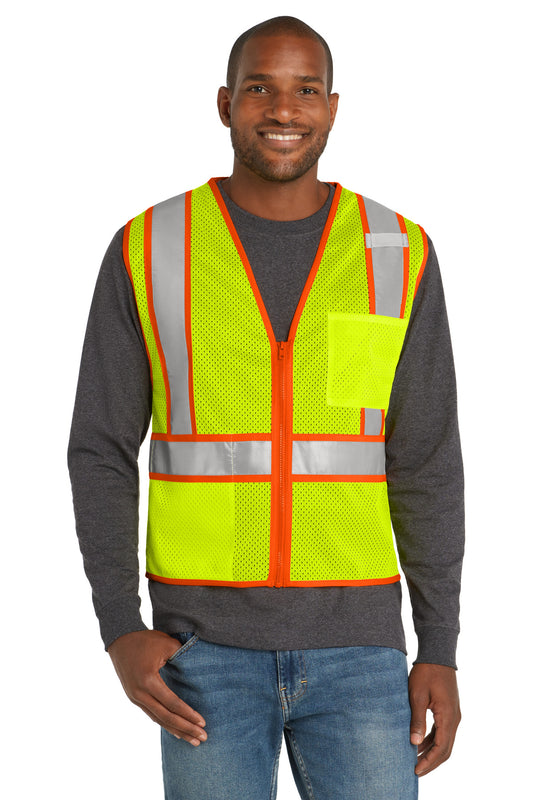 CornerStone ANSI 107 Class 2 Mesh Zippered Two-Tone Vest - Safety Yellow - front