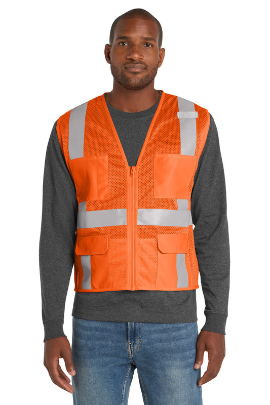 CornerStone ANSI 107 Class 2 Mesh Six-Pocket Zippered Vest - Safety Orange - front