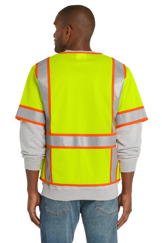 CornerStone ANSI 107 Class 3 Surveyor Mesh Zippered Two-Tone Short Sleeve Vest - Safety Yellow - back