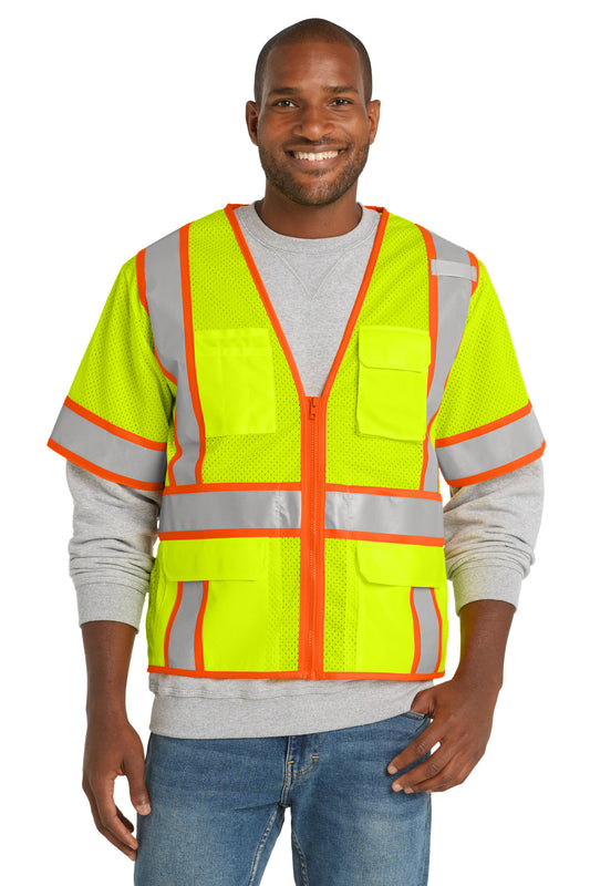 CornerStone ANSI 107 Class 3 Surveyor Mesh Zippered Two-Tone Short Sleeve Vest - Safety Yellow - front