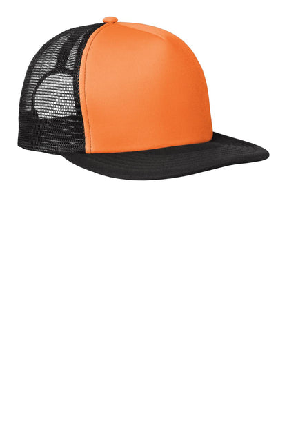 District Flat Bill Snapback Trucker Cap - Neon Orange - front