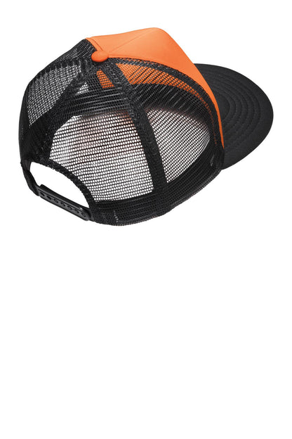 District Flat Bill Snapback Trucker Cap - Neon Orange - flat back