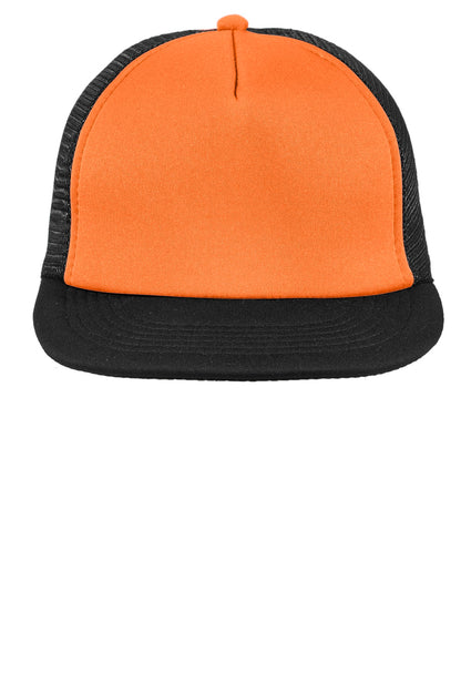 District Flat Bill Snapback Trucker Cap - Neon Orange - flat front