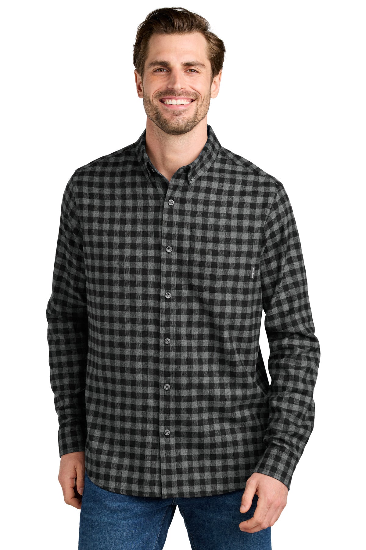 Eddie Bauer Long Sleeve Favorite Flannel Plaid Shirt - Deep Black Mini Buffalo - front