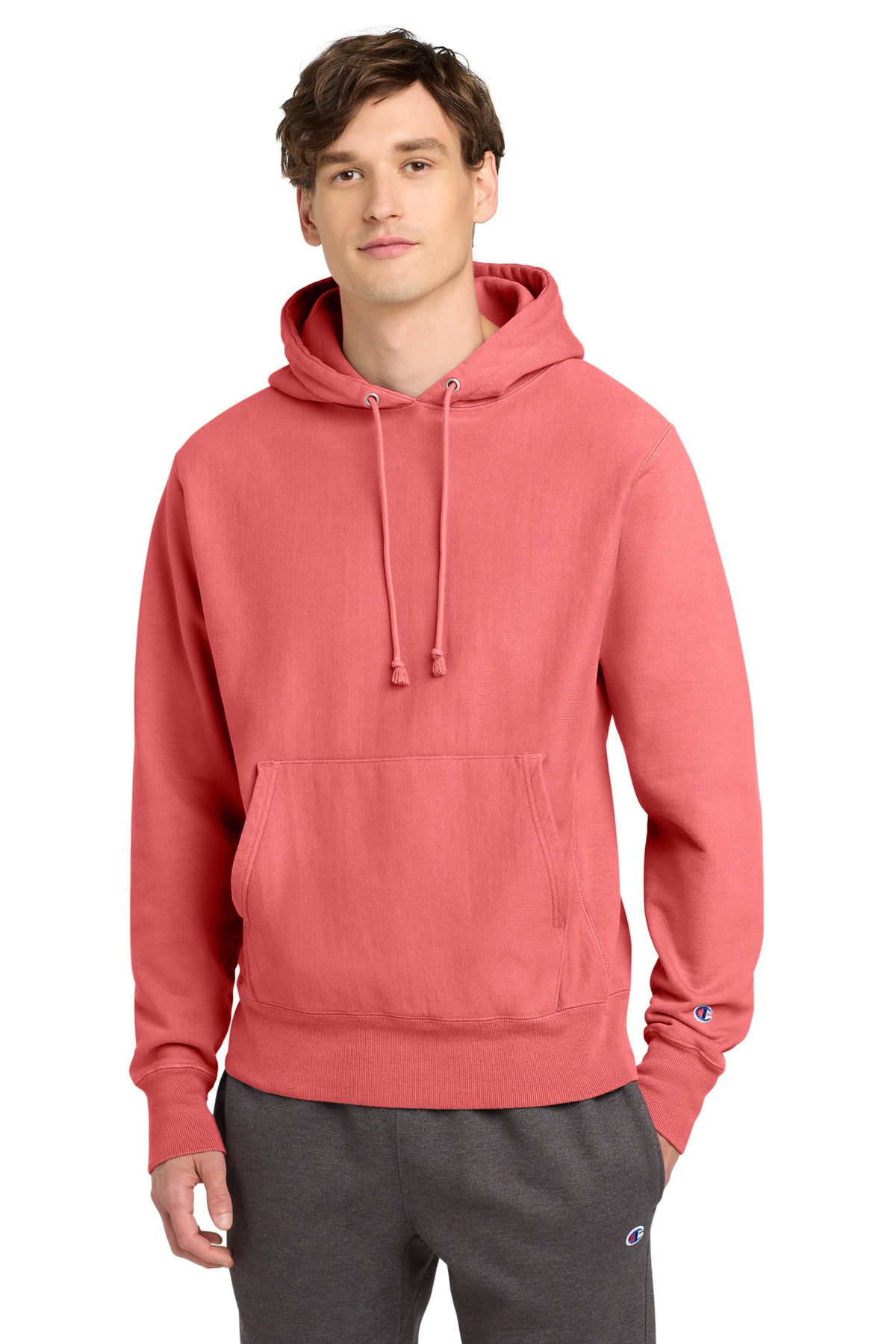 Champion Reverse Weave Garment-Dyed Hooded Sweatshirt - Coral Craze - front