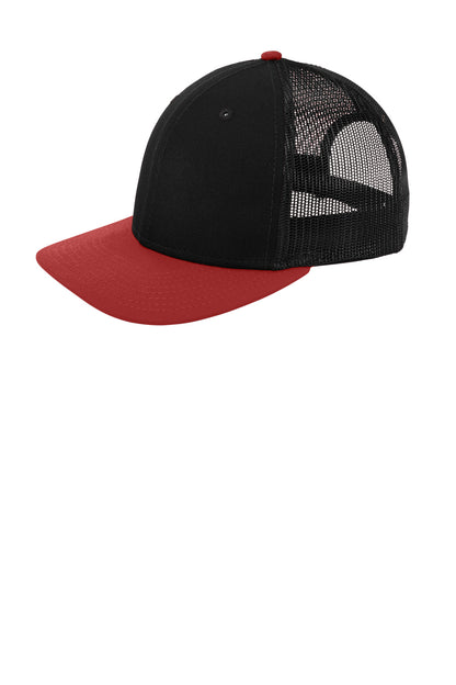 New Era Snapback Low Profile Trucker Cap - Black/ Scarlet - front