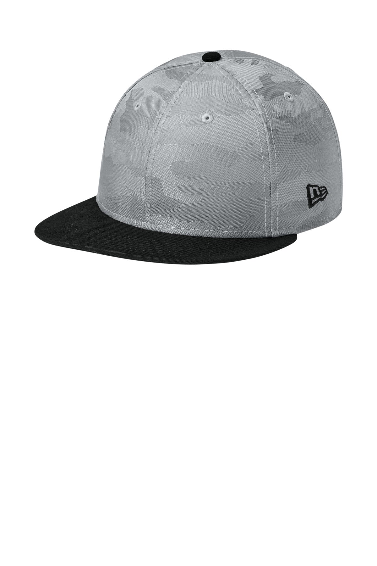 New Era Camo Flat Bill Snapback Cap - Flag Black/ Rainstorm Grey Camo - front