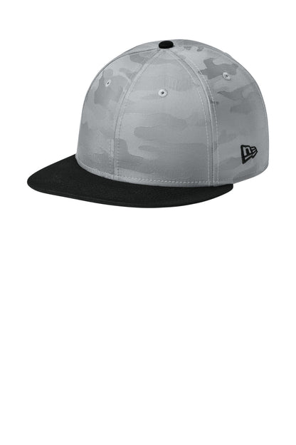 New Era Camo Flat Bill Snapback Cap - Flag Black/ Rainstorm Grey Camo - front