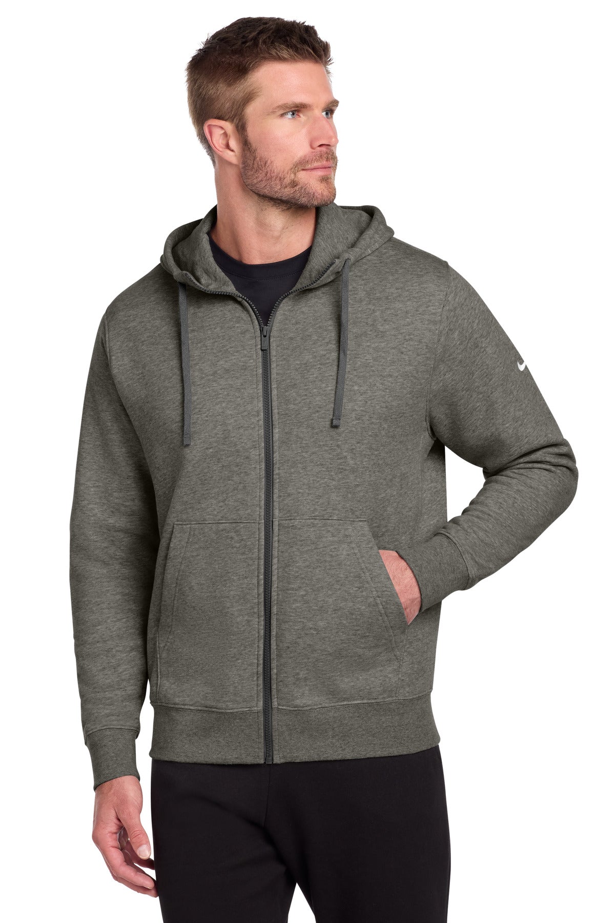Nike Club Fleece Sleeve Swoosh Full-Zip Hoodie - Charcoal Heather - front
