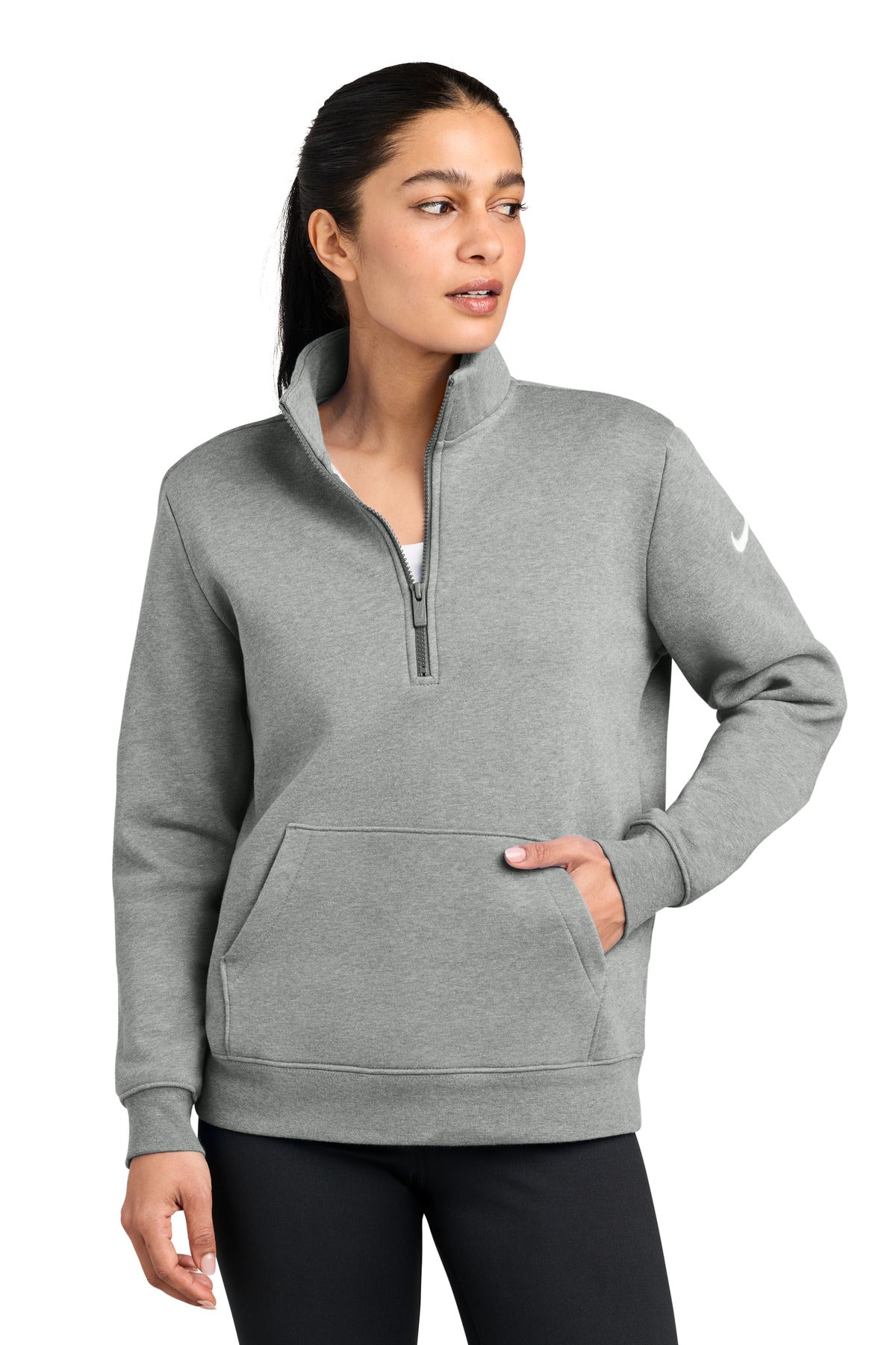 Nike Women's Club Fleece Sleeve Swoosh 1/2-Zip - Dark Grey Heather - front