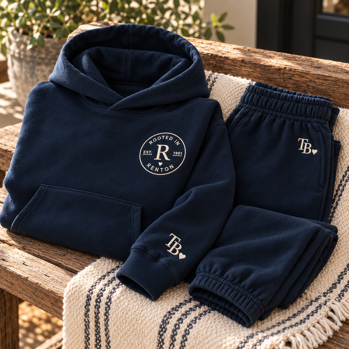 Navy embroidered hoodie and sweatpants