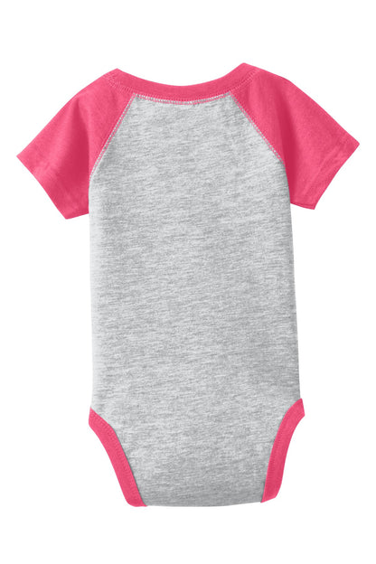Rabbit Skins Infant Baseball Fine Jersey Bodysuit - Vintage Heather/ Vintage Hot Pink - flat back