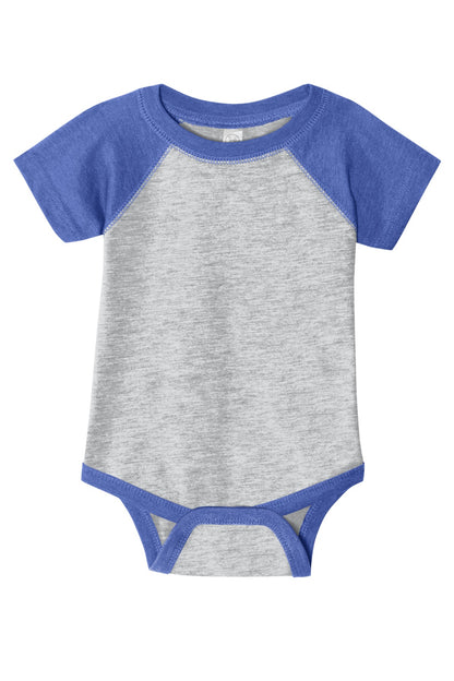 Rabbit Skins Infant Baseball Fine Jersey Bodysuit - Vintage Heather/ Vintage Royal - flat front