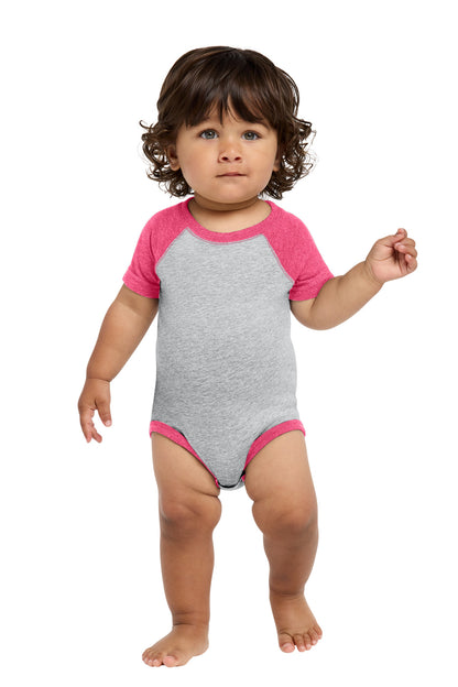 Rabbit Skins Infant Baseball Fine Jersey Bodysuit - Vintage Heather/ Vintage Hot Pink - front